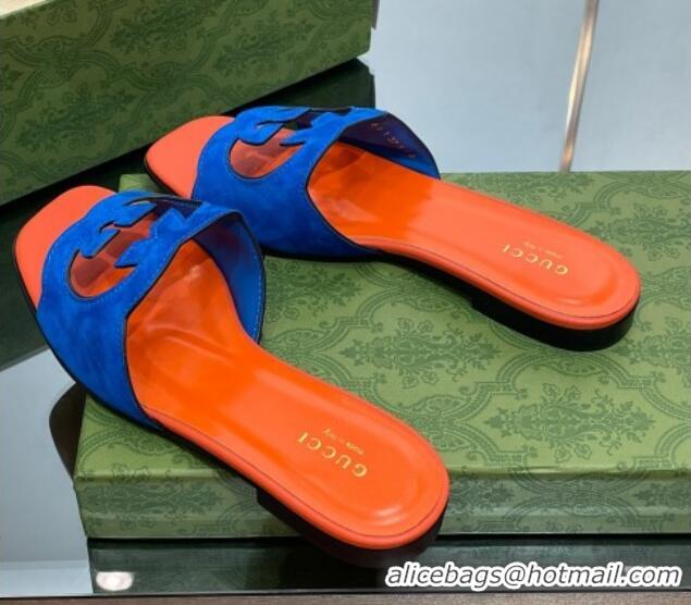 Good Quality Gucci Suede Interlocking G Cut-out Flat Slide Sandal Orange/Blue 0302117