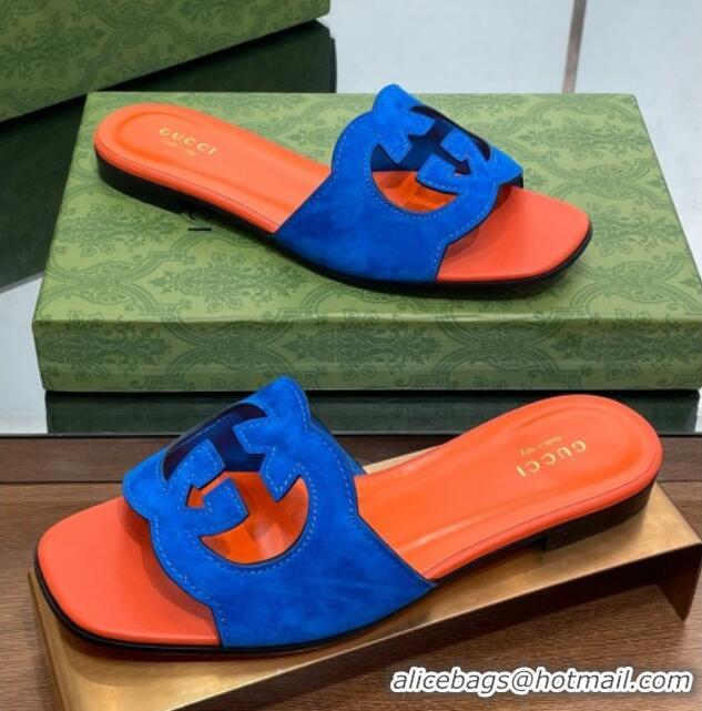 Good Quality Gucci Suede Interlocking G Cut-out Flat Slide Sandal Orange/Blue 0302117