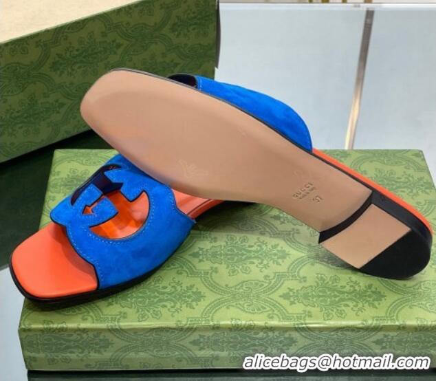 Good Quality Gucci Suede Interlocking G Cut-out Flat Slide Sandal Orange/Blue 0302117