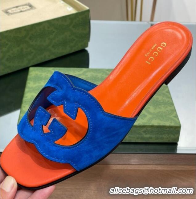 Good Quality Gucci Suede Interlocking G Cut-out Flat Slide Sandal Orange/Blue 0302117