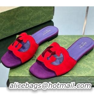 Best Grade Gucci Suede Interlocking G Cut-out Flat Slide Sandal Red/Purple 0302118