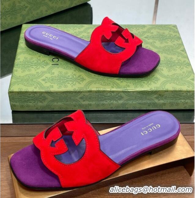 Best Grade Gucci Suede Interlocking G Cut-out Flat Slide Sandal Red/Purple 0302118