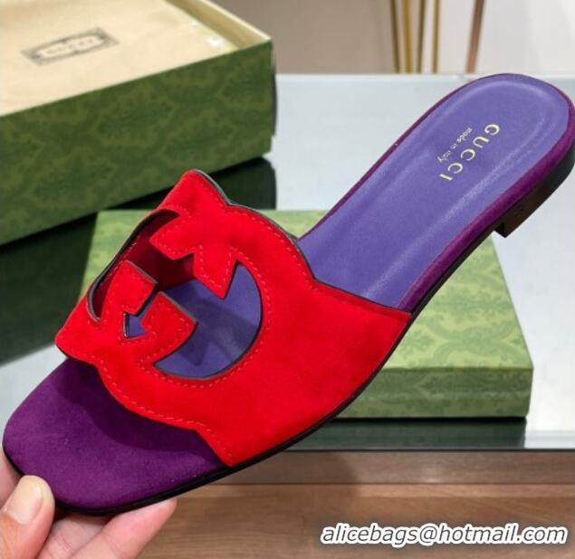 Best Grade Gucci Suede Interlocking G Cut-out Flat Slide Sandal Red/Purple 0302118