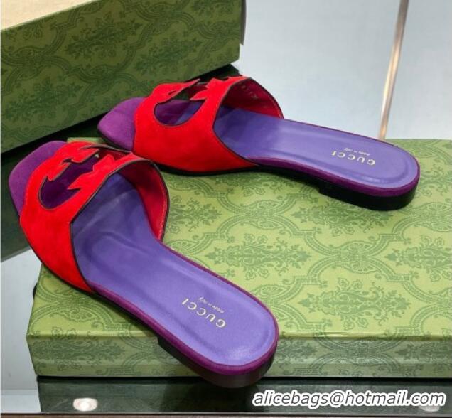 Best Grade Gucci Suede Interlocking G Cut-out Flat Slide Sandal Red/Purple 0302118