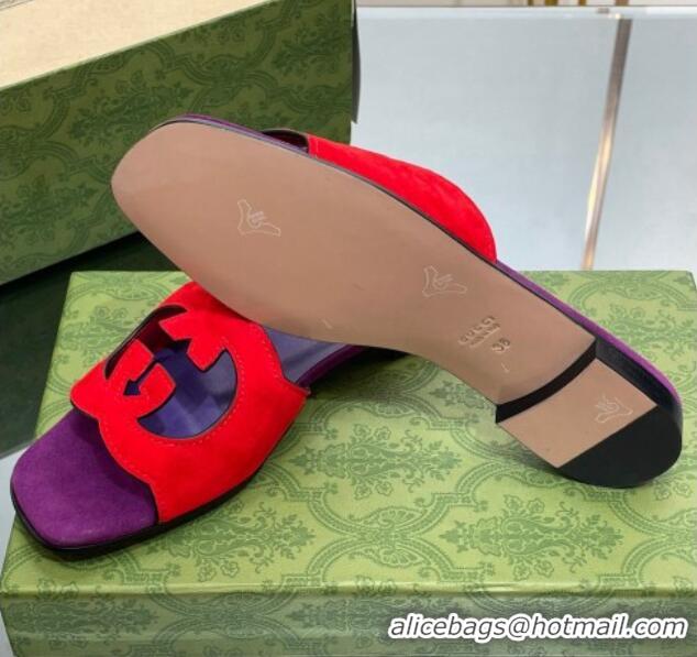 Best Grade Gucci Suede Interlocking G Cut-out Flat Slide Sandal Red/Purple 0302118