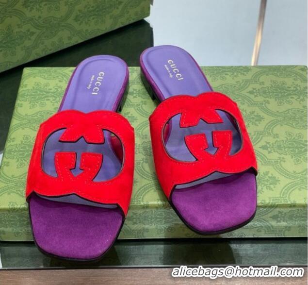 Best Grade Gucci Suede Interlocking G Cut-out Flat Slide Sandal Red/Purple 0302118