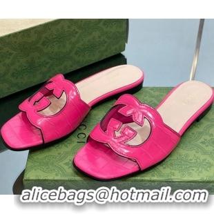 Best Price Gucci Interlocking G Cut-out Flat Slide Sandal in Pink Embossed Leather 302119