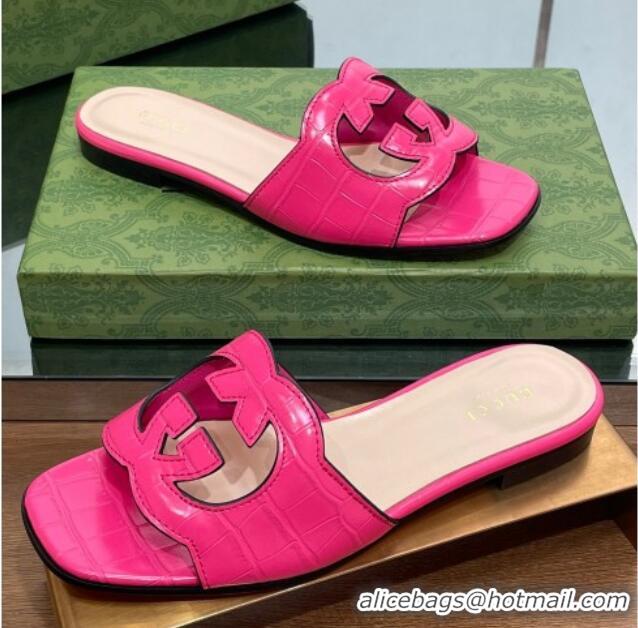 Best Price Gucci Interlocking G Cut-out Flat Slide Sandal in Pink Embossed Leather 302119