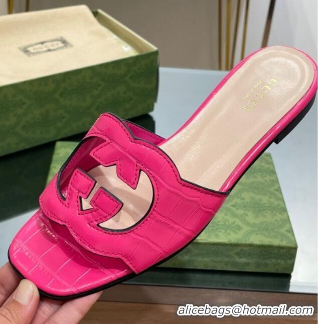 Best Price Gucci Interlocking G Cut-out Flat Slide Sandal in Pink Embossed Leather 302119