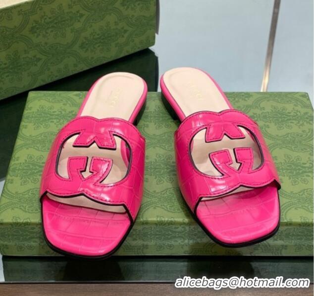 Best Price Gucci Interlocking G Cut-out Flat Slide Sandal in Pink Embossed Leather 302119