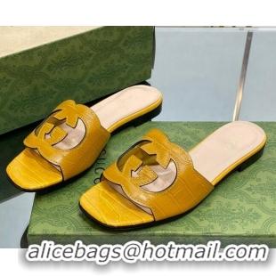 Good Looking Gucci Interlocking G Cut-out Flat Slide Sandal in Yellow Embossed Leather 302120