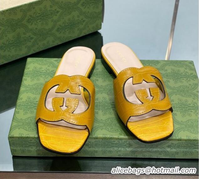 Good Looking Gucci Interlocking G Cut-out Flat Slide Sandal in Yellow Embossed Leather 302120