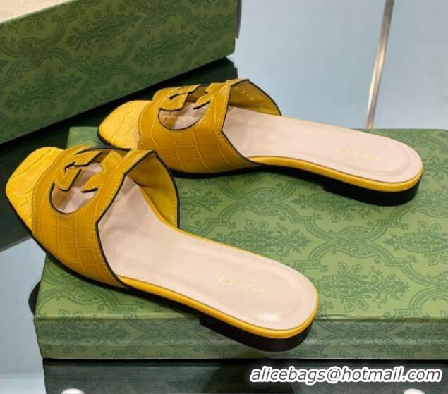 Good Looking Gucci Interlocking G Cut-out Flat Slide Sandal in Yellow Embossed Leather 302120