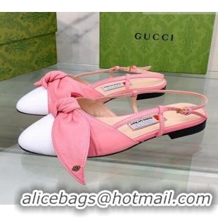 Most Popular Gucci Lambskin and Patent Leather Ballet Flat Slingback with Bow Pink/White 0302121