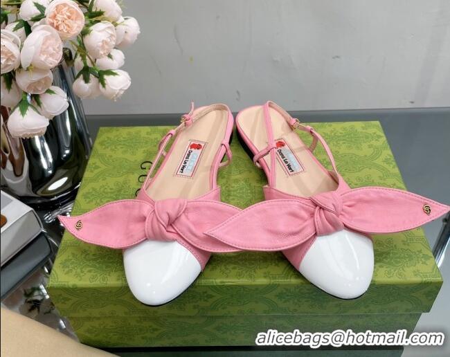 Most Popular Gucci Lambskin and Patent Leather Ballet Flat Slingback with Bow Pink/White 0302121