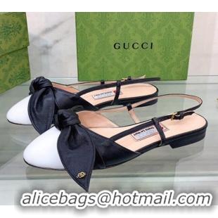 Discount Gucci Lambskin and Patent Leather Ballet Flat Slingback with Bow White/Black 0302122