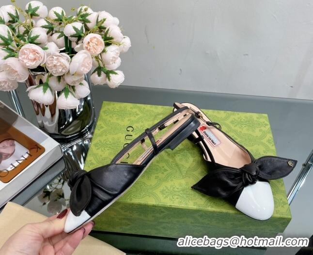 Discount Gucci Lambskin and Patent Leather Ballet Flat Slingback with Bow White/Black 0302122