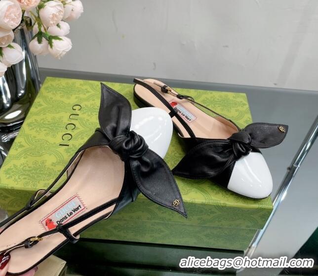 Discount Gucci Lambskin and Patent Leather Ballet Flat Slingback with Bow White/Black 0302122