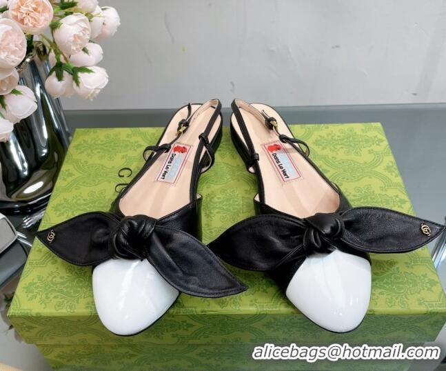 Discount Gucci Lambskin and Patent Leather Ballet Flat Slingback with Bow White/Black 0302122