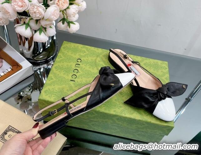 Discount Gucci Lambskin and Patent Leather Ballet Flat Slingback with Bow White/Black 0302122