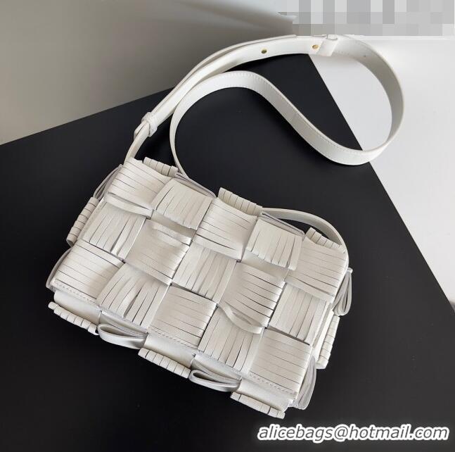 Buy Discount Bottega Veneta Cassette Fringed Intreccio Lambskin Crossbody Bag 680698 White 2023