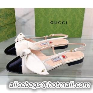 Sumptuous Gucci Lambskin and Patent Leather Ballet Flat Slingback with Bow White 1/Black 302123