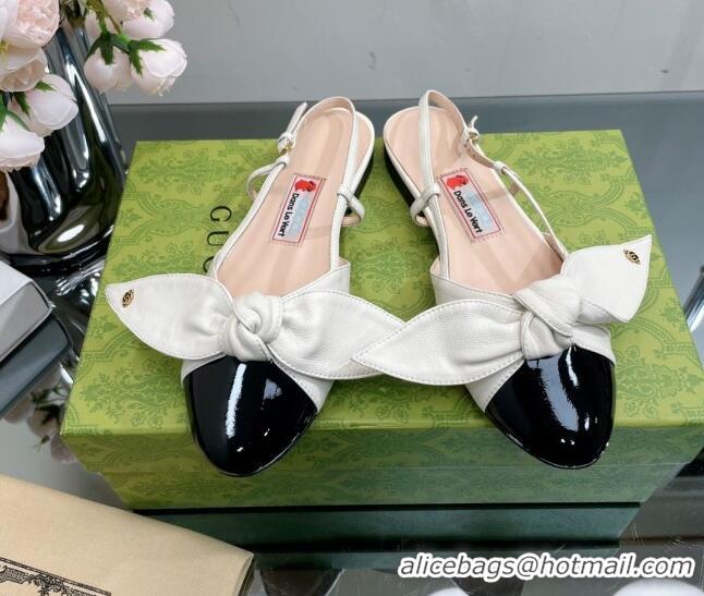 Sumptuous Gucci Lambskin and Patent Leather Ballet Flat Slingback with Bow White 1/Black 302123