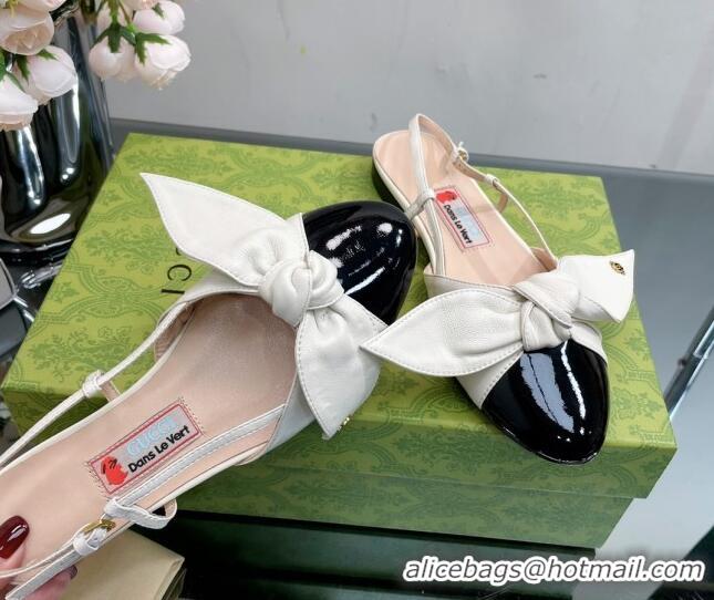 Sumptuous Gucci Lambskin and Patent Leather Ballet Flat Slingback with Bow White 1/Black 302123