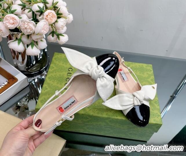 Sumptuous Gucci Lambskin and Patent Leather Ballet Flat Slingback with Bow White 1/Black 302123