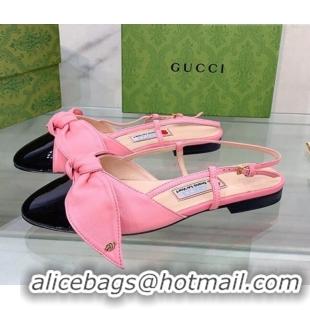 Stylish Gucci Lambskin and Patent Leather Ballet Flat Slingback with Bow Pink/Black 0302124