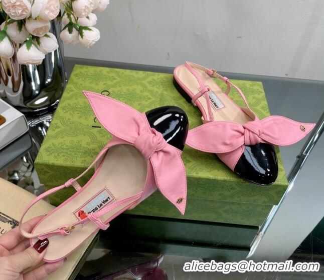 Stylish Gucci Lambskin and Patent Leather Ballet Flat Slingback with Bow Pink/Black 0302124