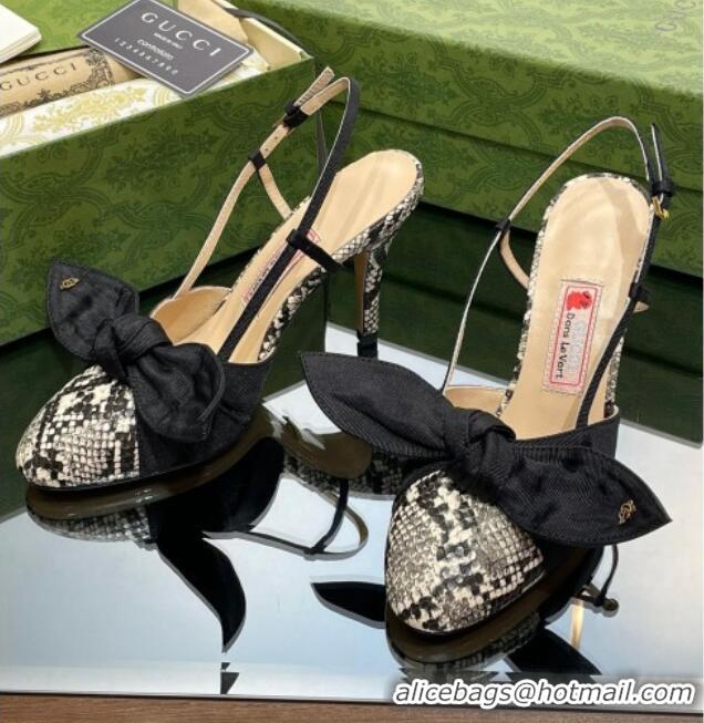 Luxury Gucci Snakeskin-Like Leather Slingback Pumps 8.5cm with Bow 030365