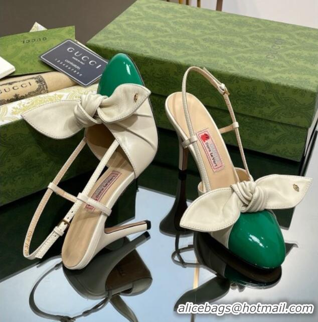 Hot Style Gucci Lambskin and Patent Leather Slingback Pumps 8.5cm with Bow White/Green 030366