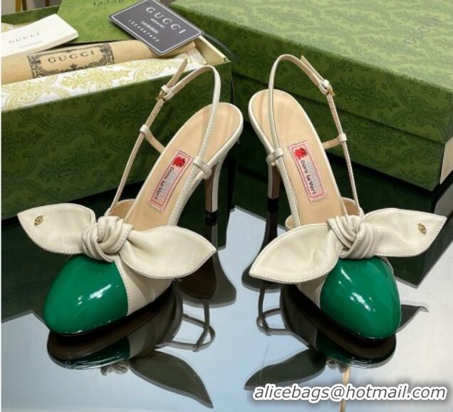 Hot Style Gucci Lambskin and Patent Leather Slingback Pumps 8.5cm with Bow White/Green 030366