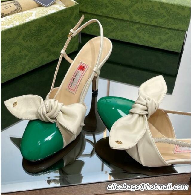 Hot Style Gucci Lambskin and Patent Leather Slingback Pumps 8.5cm with Bow White/Green 030366