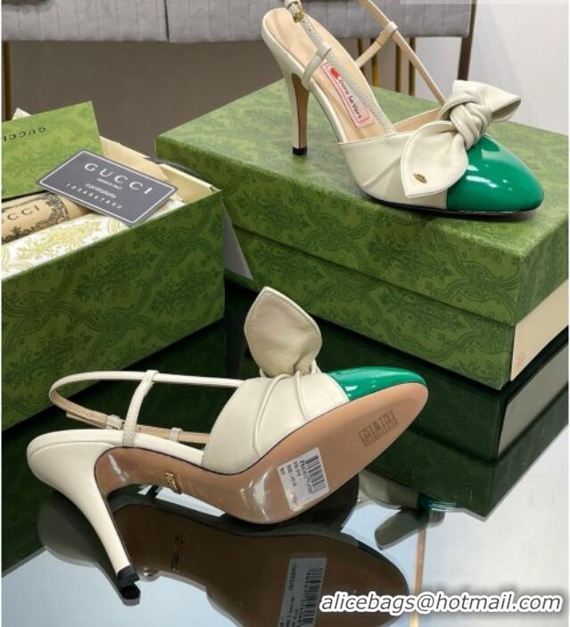 Hot Style Gucci Lambskin and Patent Leather Slingback Pumps 8.5cm with Bow White/Green 030366