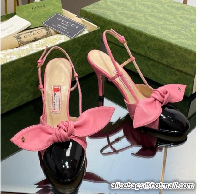 Charming Gucci Lambskin and Patent Leather Slingback Pumps 8.5cm with Bow Pink/Black 030367