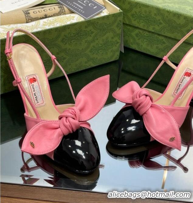 Charming Gucci Lambskin and Patent Leather Slingback Pumps 8.5cm with Bow Pink/Black 030367