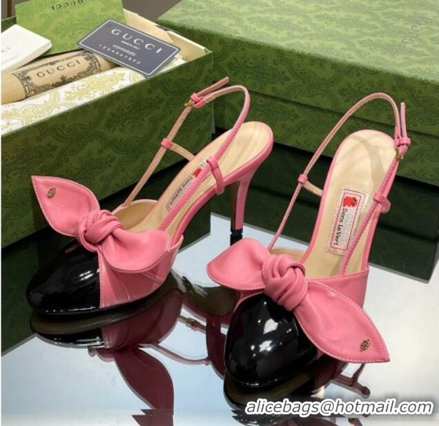 Charming Gucci Lambskin and Patent Leather Slingback Pumps 8.5cm with Bow Pink/Black 030367