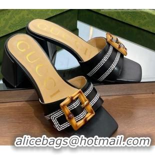 Grade Quality Gucci Bamboo Lambskin Medium Heel Slide Sandals 6.5cm Black 0321059