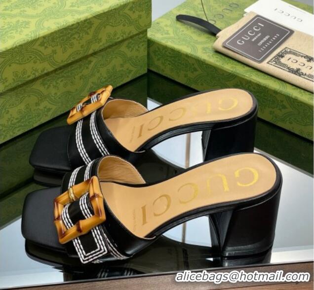 Grade Quality Gucci Bamboo Lambskin Medium Heel Slide Sandals 6.5cm Black 0321059