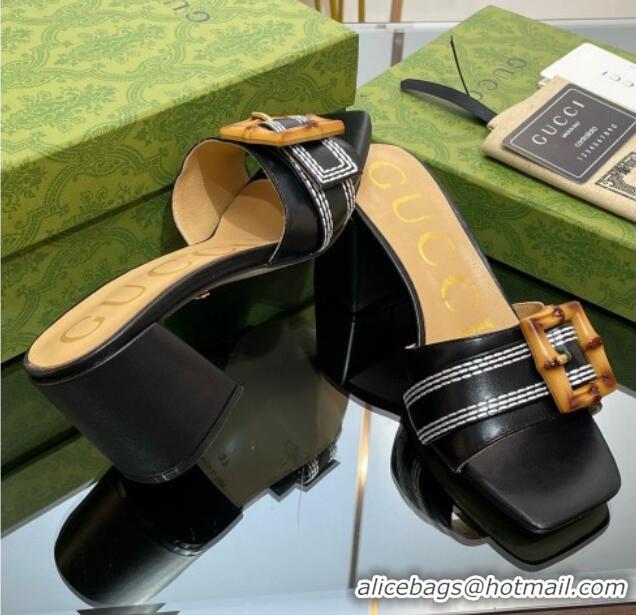 Grade Quality Gucci Bamboo Lambskin Medium Heel Slide Sandals 6.5cm Black 0321059