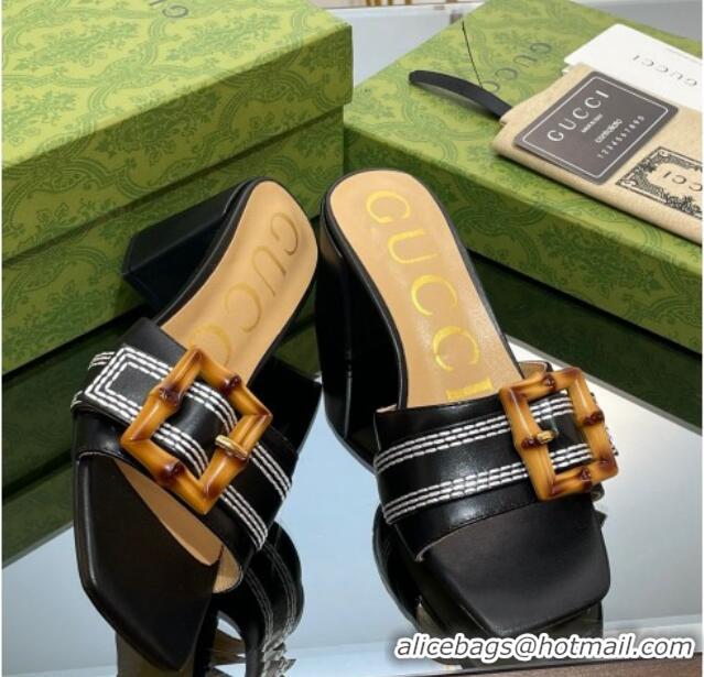 Grade Quality Gucci Bamboo Lambskin Medium Heel Slide Sandals 6.5cm Black 0321059