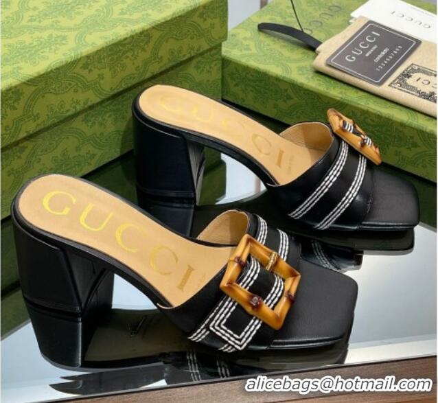 Grade Quality Gucci Bamboo Lambskin Medium Heel Slide Sandals 6.5cm Black 0321059