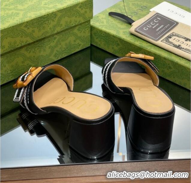 Grade Quality Gucci Bamboo Lambskin Medium Heel Slide Sandals 6.5cm Black 0321059