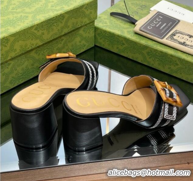 Grade Quality Gucci Bamboo Lambskin Medium Heel Slide Sandals 6.5cm Black 0321059