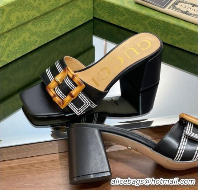 Grade Quality Gucci Bamboo Lambskin Medium Heel Slide Sandals 6.5cm Black 0321059