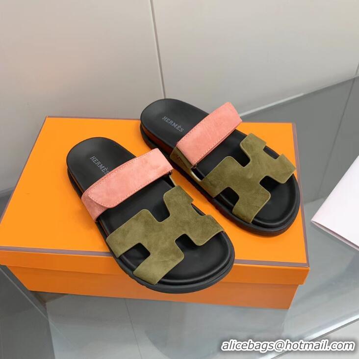 ​Top Grade Hermes Chypre Flat Sandals in Fabric and Leather 223102 Brown/Pink