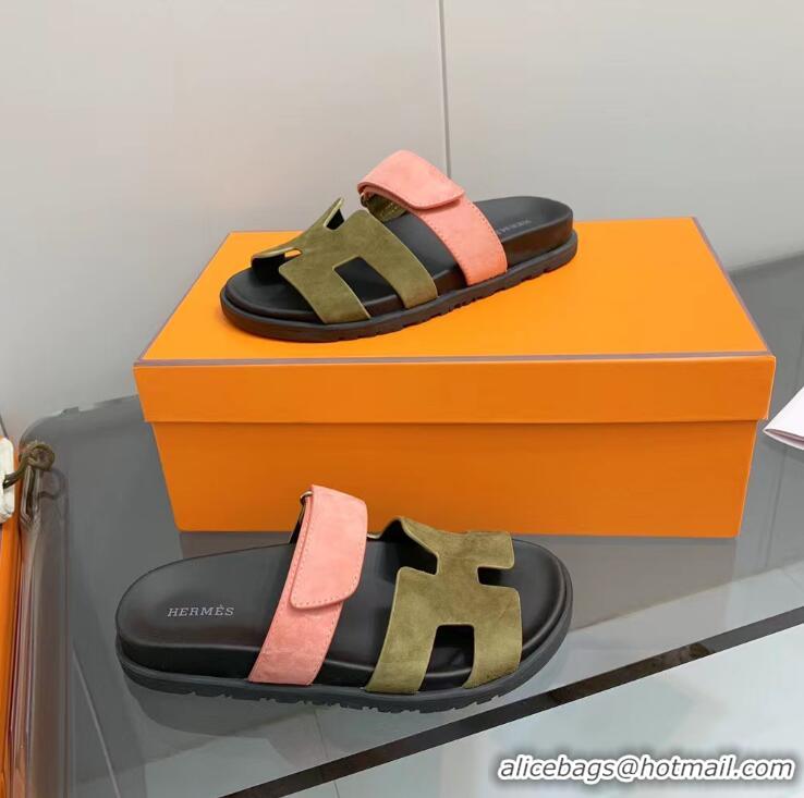 ​Top Grade Hermes Chypre Flat Sandals in Fabric and Leather 223102 Brown/Pink