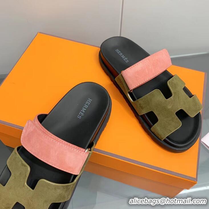 ​Top Grade Hermes Chypre Flat Sandals in Fabric and Leather 223102 Brown/Pink